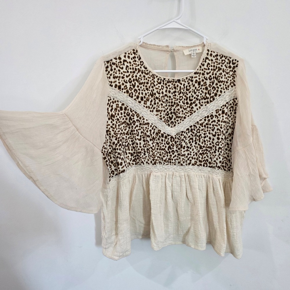 Umgee Womens Top Size XL Cream Leopard Print Lace Trim Bell Sleeve Boho Babydoll